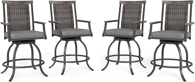 MFSTUDIO Outdoor Counter Height Bar Stool Set of 4, Swivel Rattan Backrest Metal Patio Bar Chair with Armrest and Cushion, All Weather Resistant Patio Chair, Grey