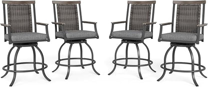 MFSTUDIO Outdoor Counter Height Bar Stool Set of 4, Swivel Rattan Backrest Metal Patio Bar Chair with Armrest and Cushion, All Weather Resistant Patio Chair, Grey