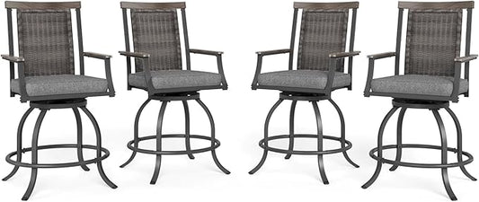 MFSTUDIO Outdoor Counter Height Bar Stool Set of 4, Swivel Rattan Backrest Metal Patio Bar Chair with Armrest and Cushion, All Weather Resistant Patio Chair, Grey