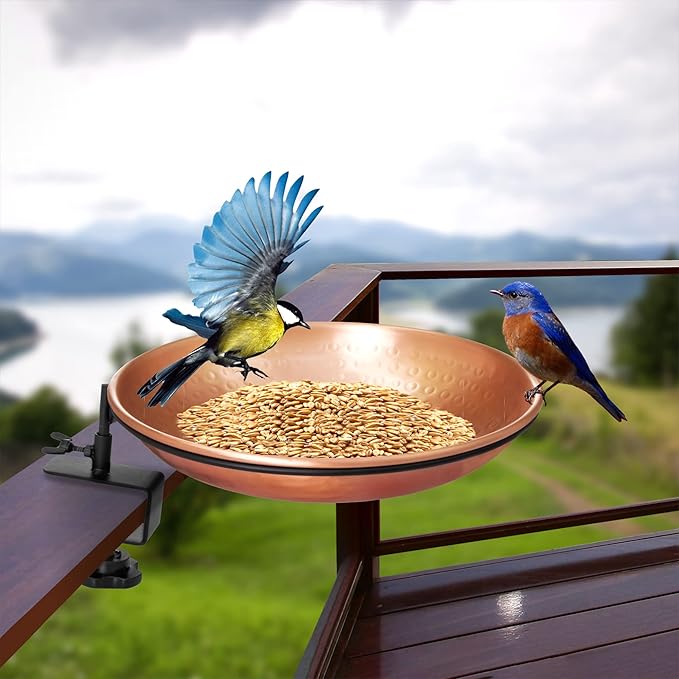 Monarch Abode Pure Copper Hand Hammered Deck Mounted Bird Bath and Feeder w/Iron Clamp, 1.75-inch Detachable Iron Clamp Outdoor Birdbath and Birdfeeder for Garden Patio & Deck, Bird Water Feeder