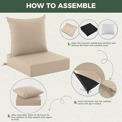Outdoor Cushions for Patio Furniture, Outdoor Seat Cushion Set 24 x 24 x 4 Inch, Waterproof & Fade Resistant Outdoor Chair Cushions, Deep Seat Patio Cushion with Removable Cover, Beige
