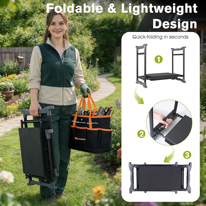 Garden Kneeler and Seat with Umbrella, 2-in-1 Foldable Gardening Stool with Adjustable Bracket, Detachable Tool Bags, Heavy Duty Kneeling Pad for Gardening (Black Orange)