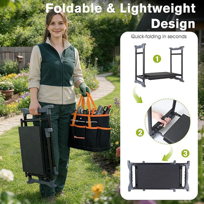 Garden Kneeler and Seat with Umbrella, 2-in-1 Foldable Gardening Stool with Adjustable Bracket, Detachable Tool Bags, Heavy Duty Kneeling Pad for Gardening (Black Orange)