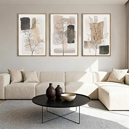 Anyzal Large Framed Neutral Floral Wall Art 16x24 Inch Tan Modern botanical Canvas Wall Decor Minimalist Black Flower Prints for Living room Bedroom Dining room Set of 3