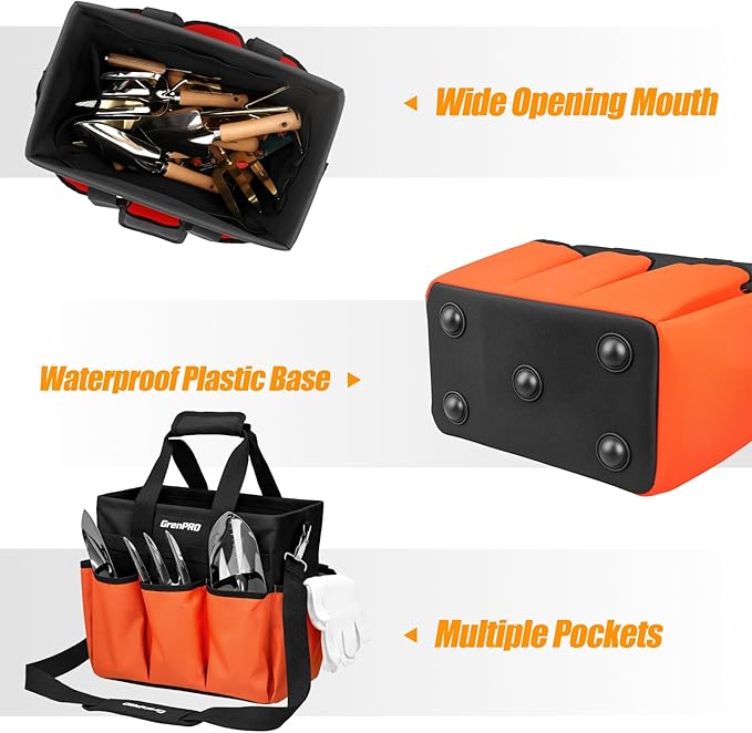 GRENPRO Garden Tool Bag Organizer, Heavy Duty Gardening Tote Toolbox with 10 Pockets, Adjustable Shoulder Strap, Standable & Foldable for Tool Storage, Home Garden Kit, Orange (Tools Not Included)