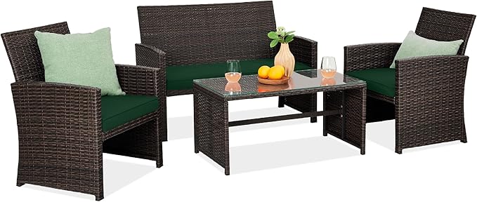 Best Choice Products 4-Piece Outdoor Wicker Patio Conversation Furniture Set for Backyard w/Coffee Table, Seat Cushions - Brown/Midnight Green