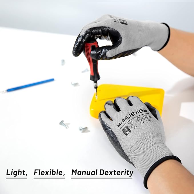 Safety Work Gloves, Nitrile Work Gloves For Men and Women, Work Gloves With Touchscreen Fingers, Work Gloves men, Men's work gloves with grip,mechanics gloves (Size-L, Grey, 6 Pairs)