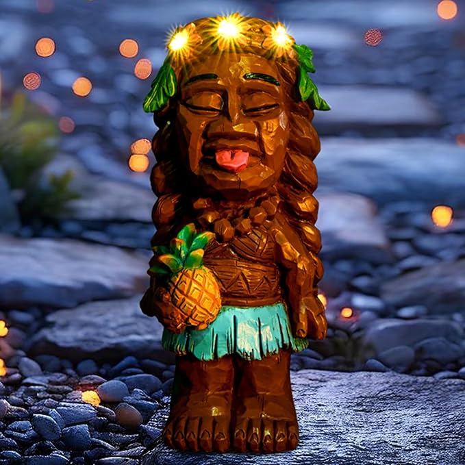 Solar Tiki Girl Garden Statues Tiki Lady Statue Holding Pineapple Figurine with Flower LED Lights for Tiki Bar Porch Patio Yard Outdoor Decorations Christmas Birthday Gardening Gift for Mom Women