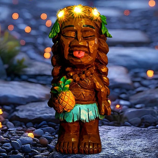 Solar Tiki Girl Garden Statues Tiki Lady Statue Holding Pineapple Figurine with Flower LED Lights for Tiki Bar Porch Patio Yard Outdoor Decorations Christmas Birthday Gardening Gift for Mom Women