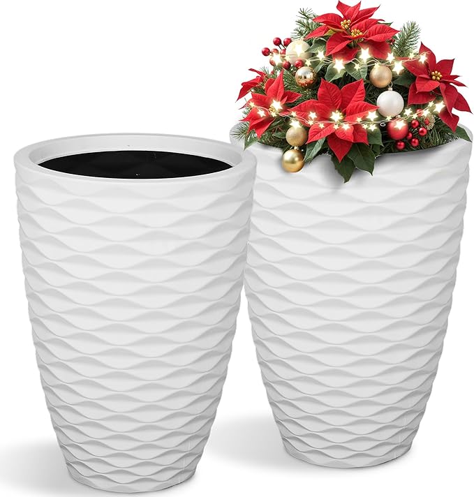 19" Resin Tall Outdoor Planters,Set of 2 Matte White Round Large Flower Plant Pot,Handmade Glossy Finish & Wave Texture, Weather-Resistant for Garden,Patio or Indoor, Porch Christmas Decor