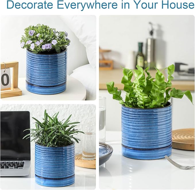 HASENSE Plant Pot, 6 Inch Ceramic Kitchen Garden Pot for Plant with Drainage Hole and Tray, Indoor/Outdoor Succulent Herb Planter, Modern Blue Home Office Decorative Gifts