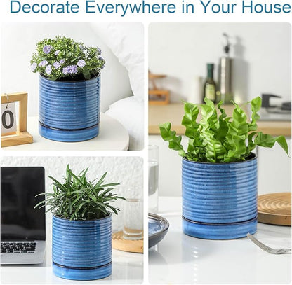HASENSE Plant Pot, 6 Inch Ceramic Kitchen Garden Pot for Plant with Drainage Hole and Tray, Indoor/Outdoor Succulent Herb Planter, Modern Blue Home Office Decorative Gifts