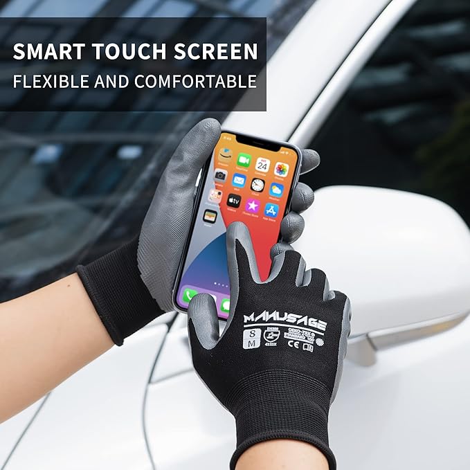 Safety Work Gloves, Nitrile Work Gloves For Men and Women, Work Gloves With Touchscreen Fingers, Work Gloves men, Men's work gloves with grip,mechanics gloves (Size L, Black, 3-pairs)