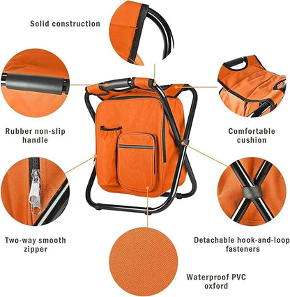 Kikerike Backpack Stool Cooler Chair Heavy Duty 300 LBS Max Load Portable Lightweight Stool Backpack Folding Fishing Cooler Seat for Camping Hunting Fishing - Orange