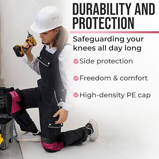 PRO Constructor Style Knee Pads for Women with 3 Levels of Protection, Pink, 1 Pair - Flat Stand Plastic Cap & Multi Adjustable Fasteners, Made in USA