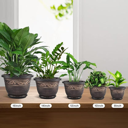Plastic-Plant-Flower-Planters-16 Inch with Drainage Hole & Saucer, 3 Packs Lightweight Small Resin Flower Pot Indoor Outdoor, Retro Antique Imitation Decorative Garden Containers Sets for Houseplants