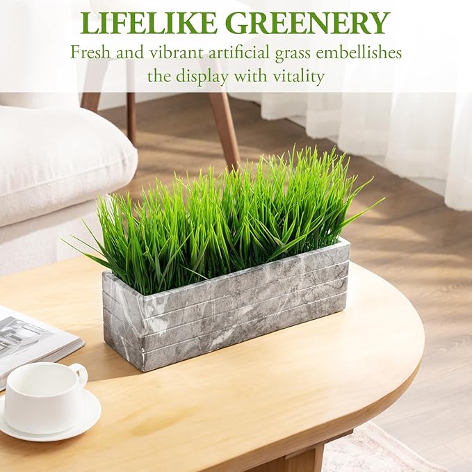 MyGift 14 Inch Artificial Green Grass Plant in Gray Marble Pattern Resin Ribbed Rectangle Planter, Faux Greenery Rectangular Cement Pot Centerpiece Home Décor