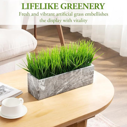 MyGift 14 Inch Artificial Green Grass Plant in Gray Marble Pattern Resin Ribbed Rectangle Planter, Faux Greenery Rectangular Cement Pot Centerpiece Home Décor