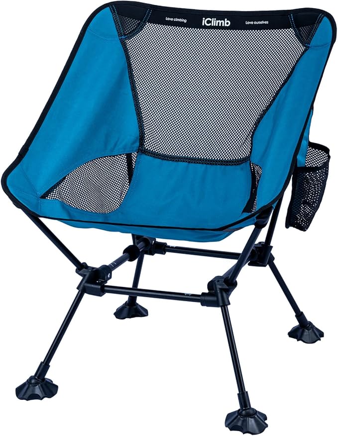 iClimb Ultralight Compact Camping Folding Beach Chair with Anti-Sinking Large Feet and Back Support Webbing (Blue - Square Frame)