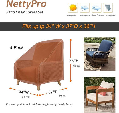 NettyPro Waterproof Patio Chair Covers 4 Pack Outdoor Lounge Deep Seat Armchair Cover, 34W x 37D x 36H inches, Brown