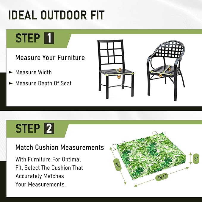 Basic Beyond Outdoor Chair Cushions Set of 4, Square Corner Outdoor Cushions for Patio Furniture, Water Resistant Patio Chair Cushions with 2 Ties, 18.5x16x3, Green Leaves