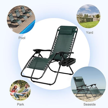 Nazhura Set of 2 Relaxing Recliners Patio Chairs Adjustable Steel Mesh Zero Gravity Lounge Chair Beach Chairs with Pillow and Cup Holder (Dark Green)