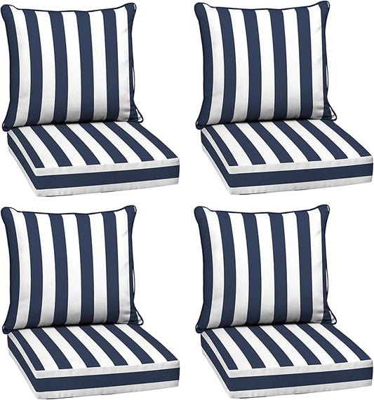 Arden Outdoor Deep Seat Cushion Set (4-Pack), 24 in x 24 in, Weather-Proof, Rain-Proof, Fade Resistant Patio Cushion for Chair, Sofa, and Couch Sapphire Blue Cabana Stripe