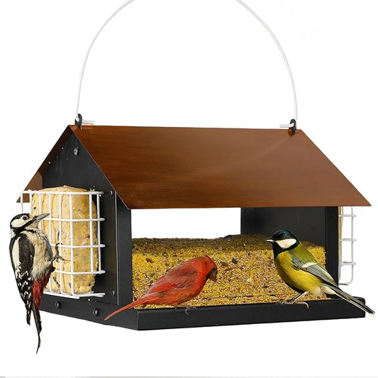 Solution4Patio Bird Feeders for Outdoors Hanging, All Metal, Double Suet Cake and Large Capacity, Hopper Tray & Weatherproof for Finch, Cardinal & Chickadee (Brown)