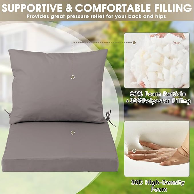 Outdoor Seat Cushion Set 19 x 19 In, Water-Resistant & Fade-Resistan, Patio Furniture Cushions with Removable Cover Deep Seat & Back Cushion with Handle and Adjustable Straps for Chair Sofa,2PC