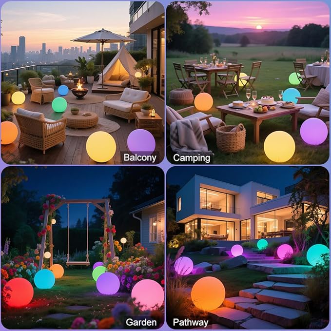 12-in & 20-in LED Globe Orb Lamp, Dimmable RGB Color Changing Glowing Orb Lights Rechargeable Glowing LED Ball Light w/Remote, Waterproof Outdoor Globe Light Soothing Mood Lamp for Home Garden