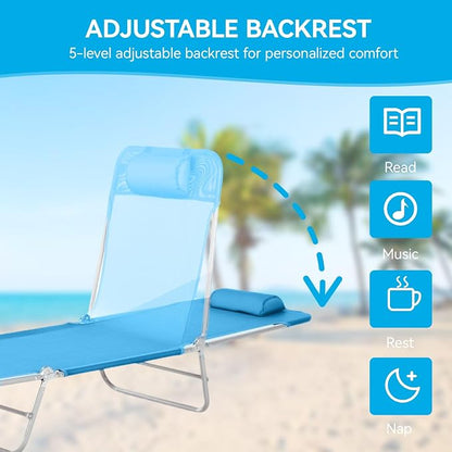 Outdoor Chaise Lounge with Detachable Pillow, Reclining Folding Chair with 5-Position Adjustable Back, Portable Tanning Chair For Beach, Pool, Lawn, Breathable Mesh Seat, No Assembly (Blue 3)