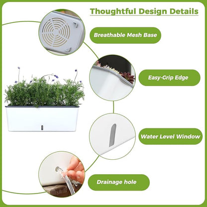 2 Pack Rectangular Planter 17 x 4.5 in Self Watering Planter Window Sill Planters Indoor Rectangle Planter Self Watering Pots Plastic Plant pots with Drainage Holes White Flower Pot Indoor