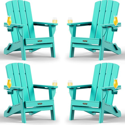 Folding Adirondack Chair 4 Pack, HDPE All-Weather Fire Pit Chairs, Plastic Adirondack Chairs with 2 Cup Holder, Outdoor Lawn Chair for Patio Garden (Lake Blue)