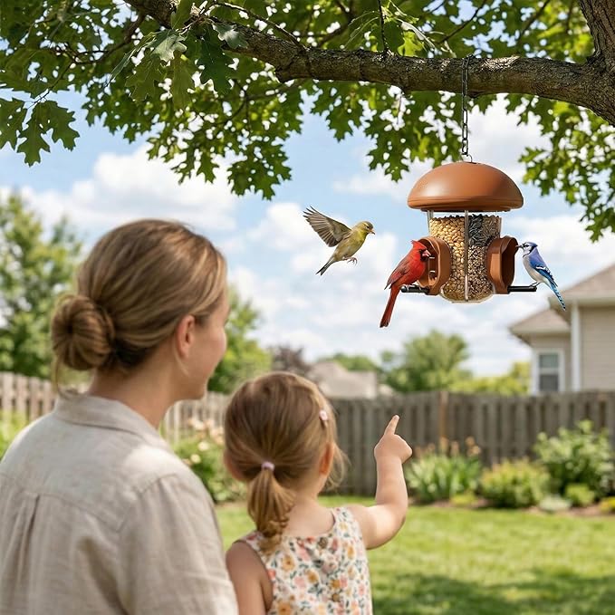 LONA Bird Feeders for Outdoors Hanging – 3 Separate Compartments, 3 Feeding Ports, Weatherproof Dome & 3 Ways to Hang, Large Capacity for Cardinals/Finches (Brown
