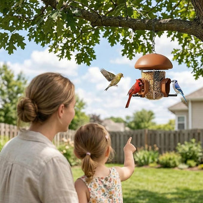 LONA Bird Feeders for Outdoors Hanging – 3 Separate Compartments, 3 Feeding Ports, Weatherproof Dome & 3 Ways to Hang, Large Capacity for Cardinals/Finches (Brown