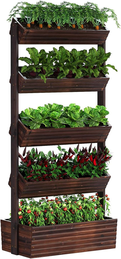 Vertical Wooden Raised Garden Bed, Garden Planters Freestanding Wood Plant Stand Flower Rack Wooden Planter Box for Plants Herbs Flowers Vegetables Outdoor Indoor Gardening (5-Tier Carbonized)