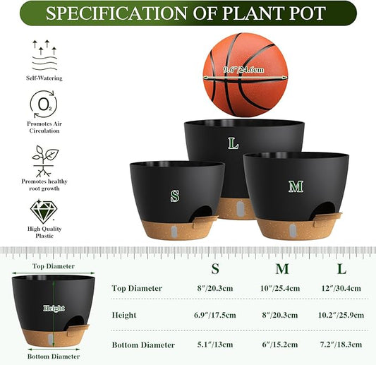 Self Watering Pots with Drainage Holes, 3 Pack 12/10/8 Inch Plant Pots with Water Level Indicator Deep Reservoir, Large Plastic Planter for Indoor Outdoor Plants - Black Brown
