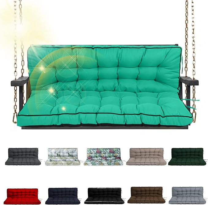 Porch Swing Cushion Three Seat, Waterproof Swing Cushions Replacement with Backrest, Outdoor Garden Furniture Patio 4" Thickened Cushions with Ties (Lake Blue, 40 x 63in)