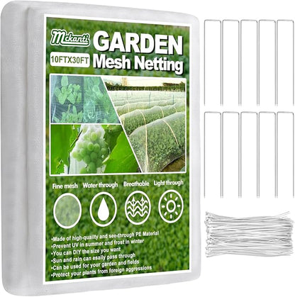 Mckanti 10x30FT Garden Mesh Netting, Fine Plant Covers with 30Pcs Cable Ties & 10Pcs Nails, Bed Netting Cover for Plants, Vegetables, Greenhouse, Patio Barrier Net
