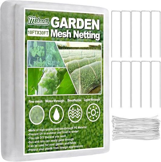 Mckanti 10x30FT Garden Mesh Netting, Fine Plant Covers with 30Pcs Cable Ties & 10Pcs Nails, Bed Netting Cover for Plants, Vegetables, Greenhouse, Patio Barrier Net