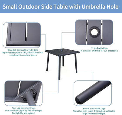 Small Metal Outdoor Side Table with Umbrella Hole, Sqaure Patio Coffee Bistro Table End Table, Umbrella Table with Hole for Poolside Backyard Porch Deck Balcony,19.7x19.7 inches, Black