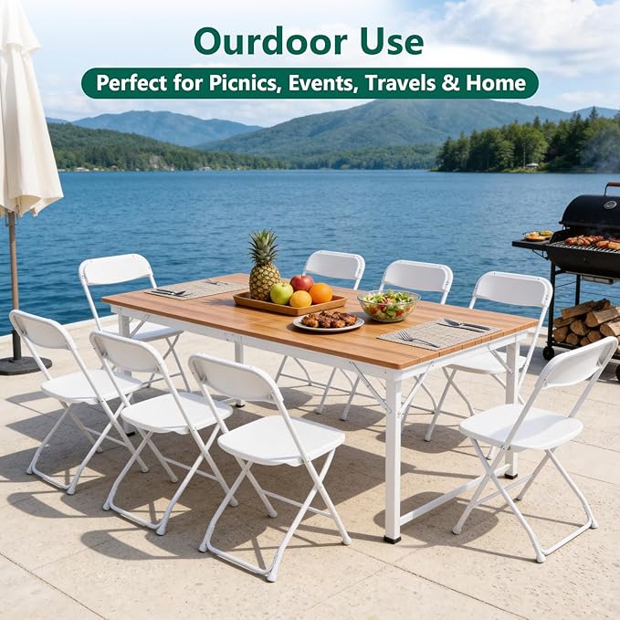 2 Pack White Plastic Folding Chairs, Outdoor Portable Folding Chair with Steel Frame, 350lbs Capacity Stackable Foldable Chairs for Patio, Garden, Picnic, Kitchen, Events