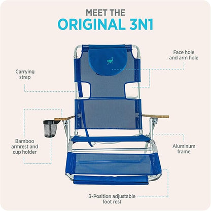 Ostrich the Original 3N1 Lightweight Beach Reclining Lounge Chair with Footrest, Outdoor Furniture for Patio, Balcony, Backyard, or Porch, Blue