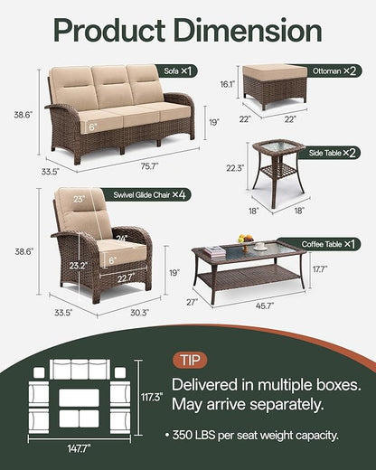 10-Piece Patio Furniture Set with 6-Inch Thick Cushions, High Back Outdoor Couch and Arm Chairs, All-Weather Conversation Set for Porch, Deck, Yard, Pool in Beige