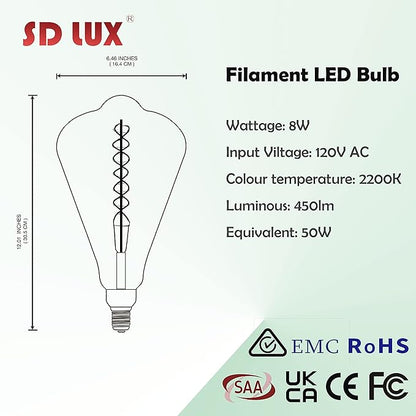 SD LUX Oversized Vintage Giant LED Light Bulb Huge Edison Bulb - Dimmable, 8W 450LM (50W Equi), Warm White 2200K, Medium E26 Base - Perfect for Decorative Pendant Lighting, 1 Pack(ST164)
