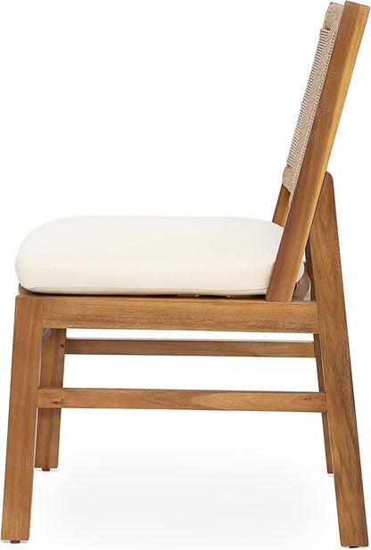 Christopher Knight Home Alan Outdoor Dining Chairs Set of 2, Wicker Woven Back Dining Chairs, Cushion Armless Chair, H Shaped Design Back, Acacia Wood Chair for Patio Poolside Garden, Teak+Cream