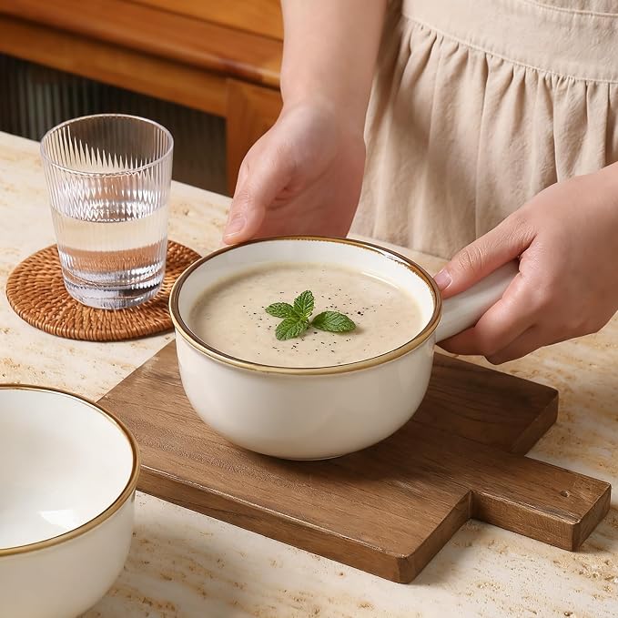 MONITO 26 Oz French Onion Soup Bowls, Ceramic Soup Bowls with Handles, Stackable Soup Crocks, Oven/Microwave/Dishwasher Safe, for Cereal, Soups, Casseroles