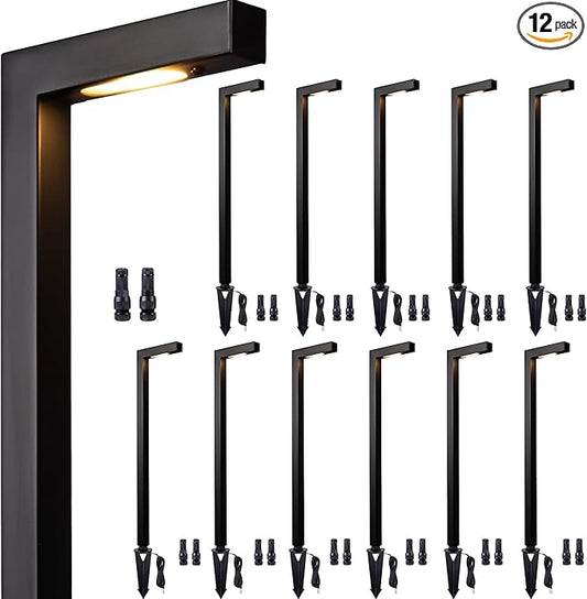 Gardenreet Low Voltage Pathway Lights 12V, LED Landscape Path Lights Outdoor Waterproof, Modern Electric Walkway Lights, L Shape Black Garden Decor Without G4 Bulb 12 Pack