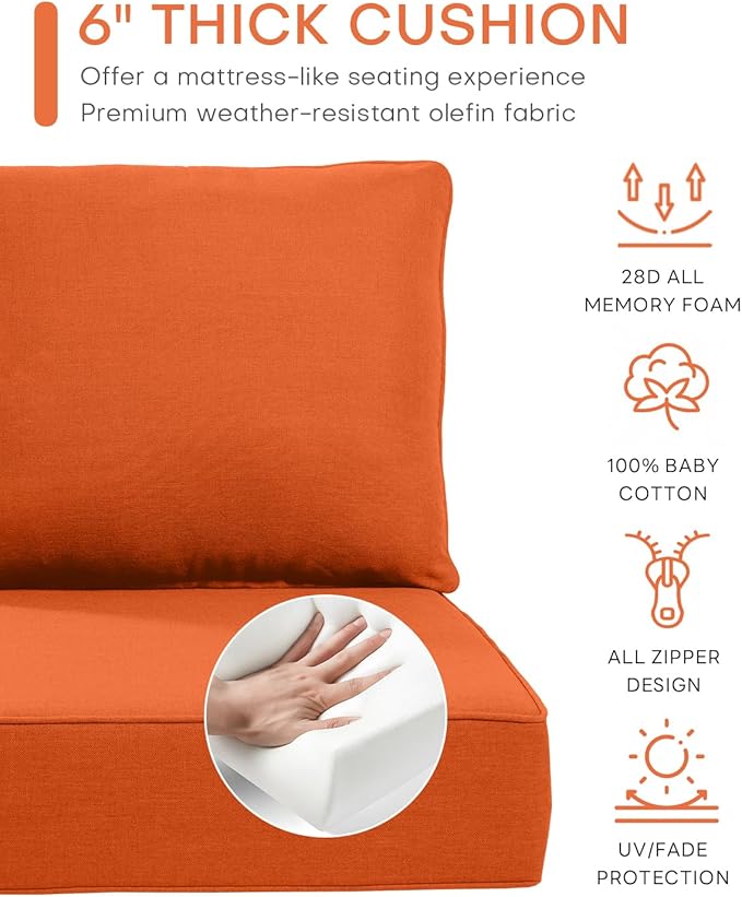 Luxury 24x24x6 Inch Outdoor Cushions for 5 Peice Patio Furniture Set - Set of 5 Water-Resistant Pillow for Dining Rocking Swivel Chairs Loveseat Couch Sectional Sofa - Orange