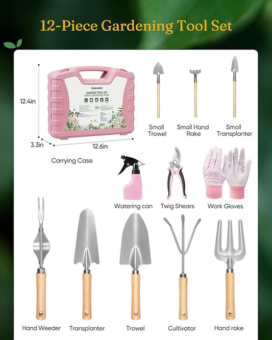 12-Piece Womens Gardening Tools Gift Set, Rust-Proof & Heavy-Duty Garden Tools with Durable Carrying Case, Fashionable & Thoughtful Gardening Gifts for Women&Men (Pink-Silver)